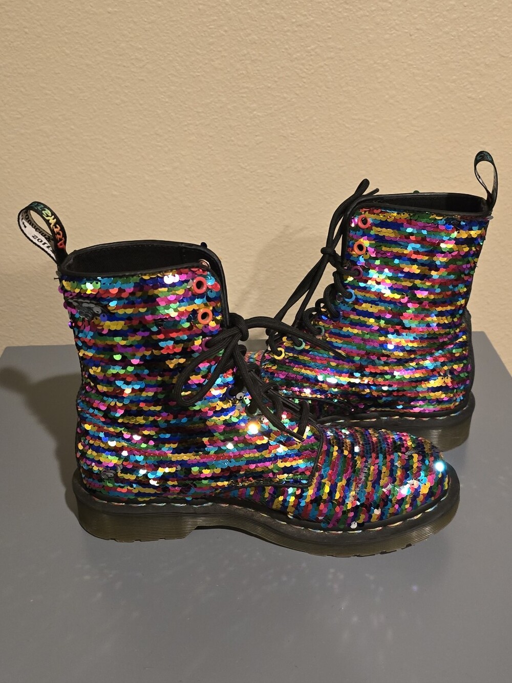 Dr. Martens Pascal Rainbow Sequin Lace Up Combat Boots